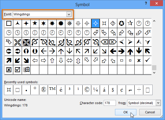 symbols in ms word list